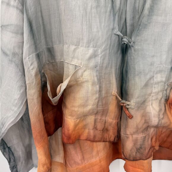 Gilda Midani Womens S Linen Orient Shirt Knot Buttons Pockets Dip Dye Lagenlook - Picture 6 of 11